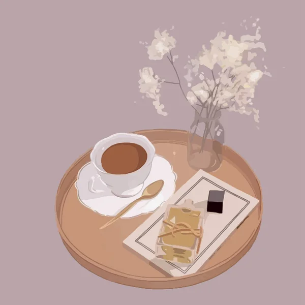 Bandeja Con Una Taza Café Una Botella Perfume Jarrón Flores — Vector de stock