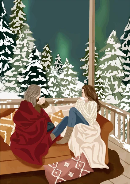 Lányok Plaids Kávé Háttérben Erdő Északi Fények Karácsonyi Vektor Illusztráció — Stock Vector