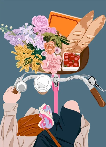 Дівчинка Велосипеді Носить Букет Полуницю Каву Книгу Багет Стокова Ілюстрація