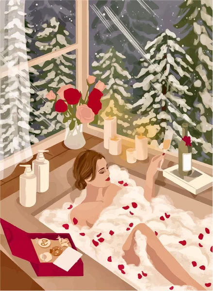 Flicka Badrummet Med Ett Glas Bakgrunden Snöig Skog Royaltyfria illustrationer