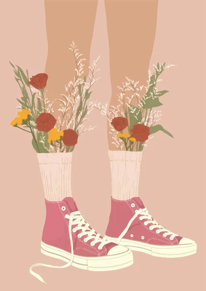 Ben Flicka Sneakers Med Vilda Blommor Stockillustration