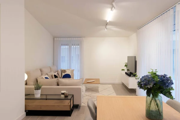 Salon de plancher grenier avec un style moderne et minimaliste. bois, blanc, beige — Photo