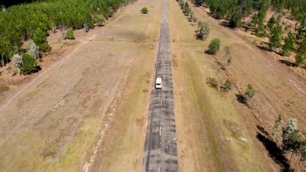 Wohnmobil Auf Roadtrip Auf Unendlicher Straße Umgeben Von Bäumen Und — Stockvideo