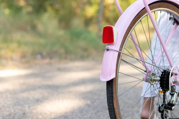 Closeup Cropped View Pink Bike Back Woman Riding Road Nature — Zdjęcie stockowe