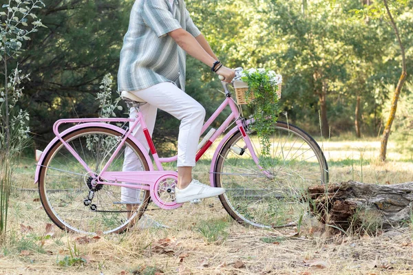 Side View Unrecognizable Young Hipster Man Pink Vintage Bike Natural — Zdjęcie stockowe