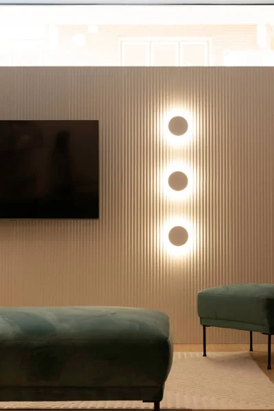 Vertical View Basement Contenporary Interior Design Dorecative Lights Velvet Couch — Stock Photo, Image