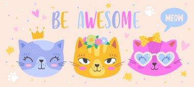 Gülümseyen kedi yüzlü şirin bir desen. Taçlı yavru kediler, güneş gözlükleri, çiçekler ve fiyonklar. Harika ol. Kumaş ya da giysi üzerine baskı yapmak için tasarım elemanı. Çizgi film düz vektör çizimi