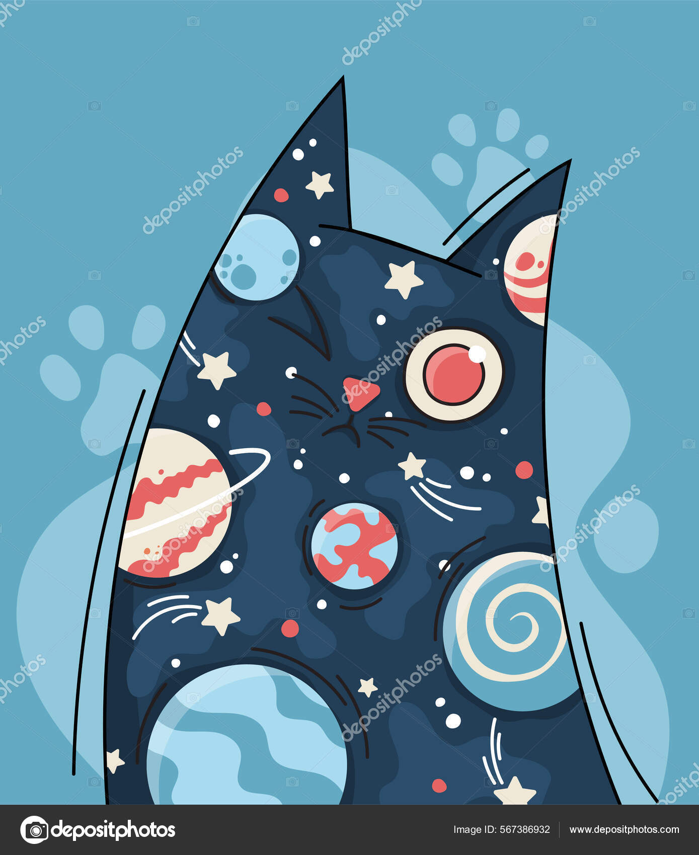 Um gato de olhos azuis está sentado em um espaço galáctico.
