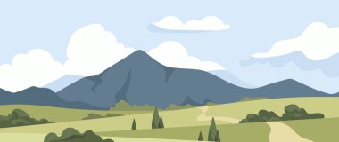 Kırsal manzara konsepti. Çimenli dağlar ve tarlalar, poster ya da ev posteri. Doğa ve aktif yaşam tarzı, yürüyüş. Yaz mevsiminde veya bahar mevsiminde orman. Çizgi film düz vektör çizimi