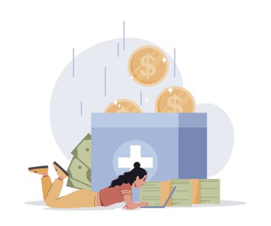 Bağış kavramı. Kız bozuk para kutusunun yanında yatıyor. Sadaka ve zayıflara şefkat. Vakıf para, yardım ve destek topluyor. Web sitesi için reklam afişi ya da afişi. Çizgi film düz vektör çizimi