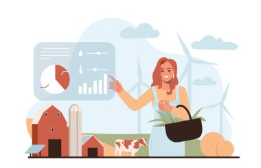 Otomasyon teknolojisi olan bir çiftlik. Grafiklerin ve çizelgelerin yanındaki kız. Modern teknolojiler ve yenilikler. Kadın verimi arttırmanın yollarını arıyor, istatistikleri değerlendiriyor. Çizgi film düz vektör çizimi