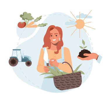 Organik tarım kavramı. Sepet hasadı olan genç bir kız. Doğal ve karışık yiyecekler, meyve ve sebzeler. Tarım ve doğa için bakım. Çantası olan mutlu insan. Çizgi film düz vektör çizimi