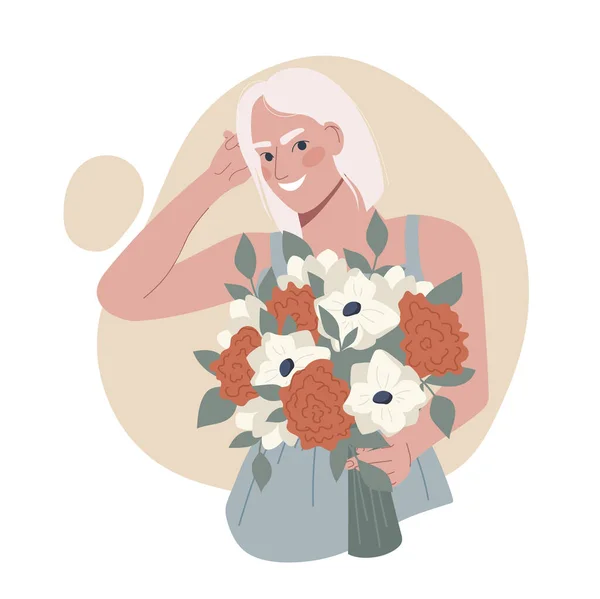 Mulher Com Bouquet Rapariga Sorri Com Flores Nas Mãos Amor — Vetor de Stock