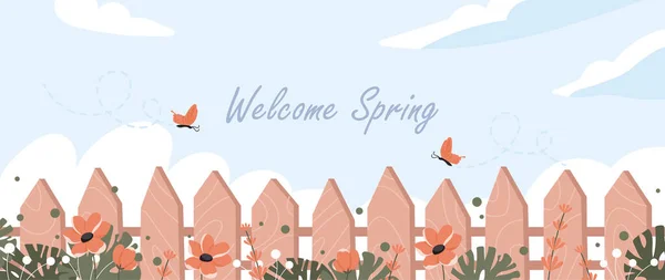 Spring Background Concept Poster Banner Site Butterflies Fly Next Fence — Stock Vector