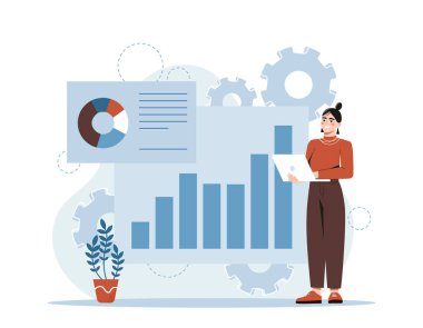 Ofiste çalışan bir çalışan. Genç bayan danışman laptopta veri ya da iş bilgilerini analiz eder. Grafikleri ve grafikleri olan istatistikler. Şirketin finansal başarısı. Çizgi film düz vektör çizimi.