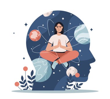Zen ve uyum kavramı. Lotus pozisyonundaki genç bir kadın uzayda meditasyon yapar. Akıl sağlığı ve psikolojik istikrar. Zihnin arındırılması. Çizgi film düz vektör çizimi