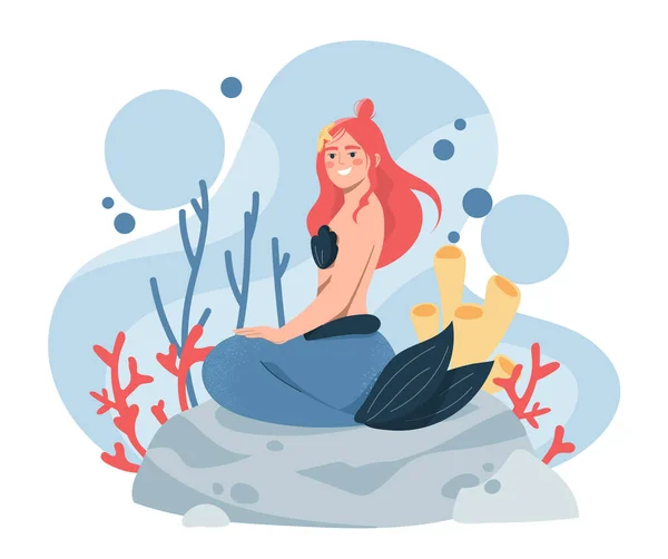 可爱的美人鱼与珊瑚 童话中的虚构人物 神奇的水下世界和海洋生物以儿童书籍 衣服或贴纸印刷的图像 卡通平面矢量插图 — 图库矢量图片