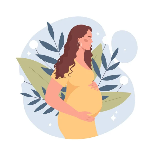 漂亮的孕妇母亲和分娩的概念 女孩站在花的衬托下抱住她的胃 贺卡的设计 卡通平面矢量插图 — 图库矢量图片