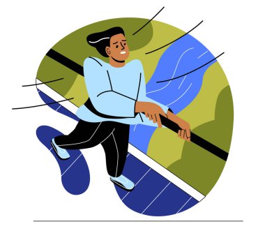 Farklı fobiler ve korkular. Yüksekten korkan ve köprüdeki tırabzanlara tutunan genç adam. Zihinsel sorunlar ve psikolojik bozukluklar. Çizgi film düz vektör çizimi