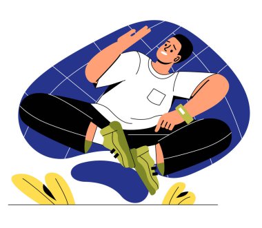 Farklı fobiler ve korkular. Genç adam kapalı, küçülen alandan korkuyor. Klostrofobisi, psikolojik sorunları ve zihinsel bozukluğu olan bir karakter. Çizgi film düz vektör çizimi