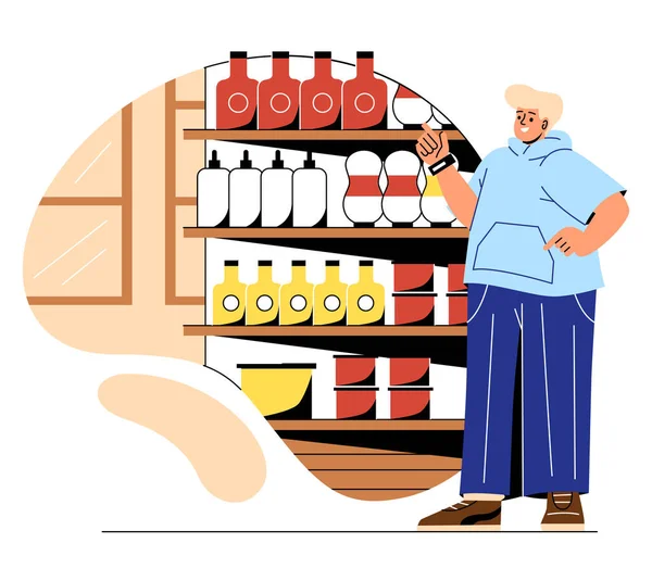 Elegir Alimentos Tienda Comestibles Hombre Sonriente Adulto Está Lado Los — Vector de stock