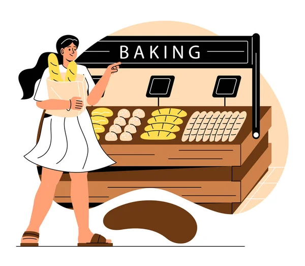 在杂货店里挑选食物 妇女站在烘焙部的架子旁边买新鲜的面包 消费者在超级市场选择产品 卡通平面矢量插图的涂鸦风格 — 图库矢量图片
