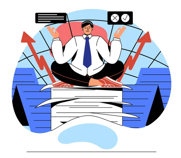 Clerk Manager Works Office Busy Entrepreneur Sits Pile Documents Meditates — Stock Vector
