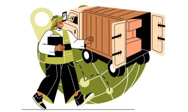 Uluslararası lojistik konsepti. Erkek kurye kutuları ve bakkaliyeleri kamyona yüklüyor. Kargo teslimatı için nakliye. Küresel ithalat veya ihracat. Çizgi film düz vektör çizimi