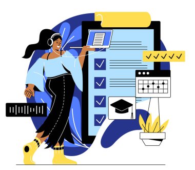 E-öğrenme ve çevrimiçi eğitim kavramı. Kulaklıklı bir kadın ders dinler ya da zaman yönetimi ve kişisel verimlilik üzerine bir web sitesi kurar. Uzak rota. Çizgi film düz vektör çizimi