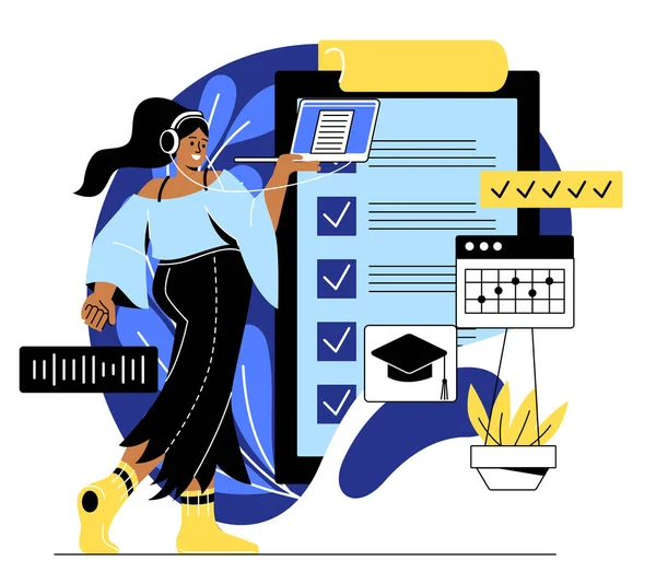 E-öğrenme ve çevrimiçi eğitim kavramı. Kulaklıklı bir kadın ders dinler ya da zaman yönetimi ve kişisel verimlilik üzerine bir web sitesi kurar. Uzak rota. Çizgi film düz vektör çizimi