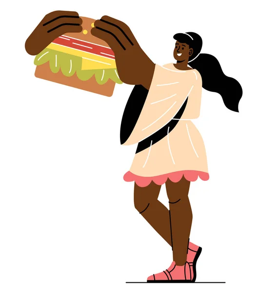 Люди Едой Молодая Девушка Держит Руках Гамбургер Вредное Питание Нездоровый — стоковый вектор