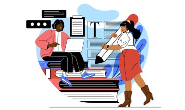 Profesyonel metin yazarı daktilo. Dizüstü bilgisayarı olan bir adam ve web sitesi için kalem hazırlayan bir kız. Uzak çalışanlar ve meslektaşlar. Yaratıcı insanlar beyin fırtınası yapıyor. Çizgi film düz vektör çizimi