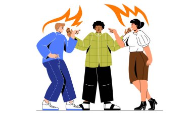 Ofiste gergin bir ortam var. İnsan iki meslektaş arasındaki anlaşmazlığı ayırır. Takımda kötü atmosfer, skandallar. Kızgın ve agresif insanlar yüksek sesle bağırır. Çizgi film düz vektör çizimi