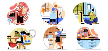 Ev işlerinden yorgun kadınlar. Mutsuz ev hanımları ev işleriyle, çamaşır yıkamayla, yemek yapmakla ve çocuklara bakmakla meşguller. Çizgi film düz vektör koleksiyonu beyaz arkaplanda izole edildi