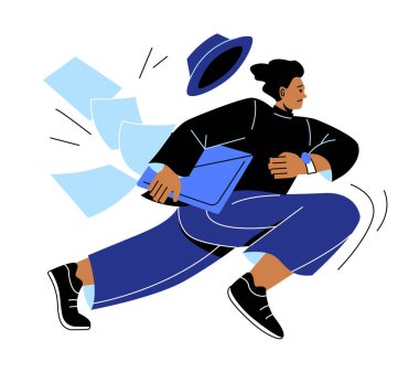 İş adamları geç kaldı. Adam panik içinde koşuyor, evrakları ve belgeleri dağıtıyor. İş yerine gitmeye çalışan genç adam, kötü zaman yönetimi ve sorumsuz çalışan. Çizgi film düz vektör çizimi