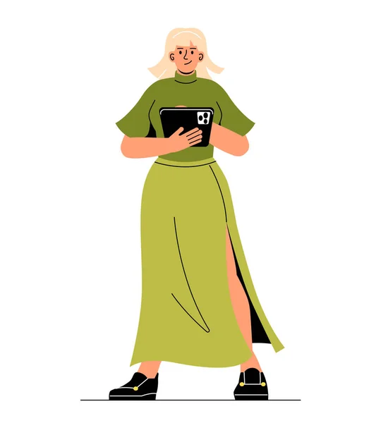 Zakelijke Vrouwen Collectie Jong Meisje Groene Jurk Met Tablet Haar — Stockvector
