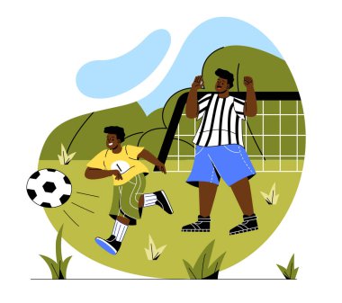Aile mutlu zaman geçiriyor. Babası ve oğlu açık havada futbol oynuyor, aktif yaşam tarzı ve hafta sonu tatili konsepti. Adam ve çocuk şehir parkında, sahada, spor. Çizgi film düz vektör çizimi