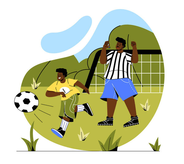 Family spending happy time. Father and his son play football outdoors, active lifestyle and weekend vacation concept. Man and boy in city park on field, sports. Cartoon flat vector illustration