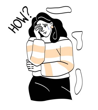 İnsanlar ağlıyor ve acı çekiyor. Genç kız elleriyle yüzünü kapatıyor ve nasıl olduğunu söylüyor. Özel hayattaki başarısızlıklar, zihinsel zorluklar ve psikolojik sorunlar. Çizgi film düz vektör çizimi