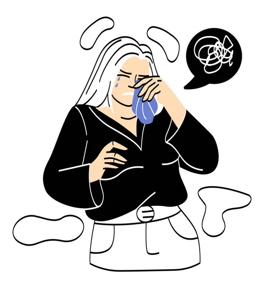 People Crying Feel Grief Girl Wipes Her Tears Handkerchief Sad — Stock Vector