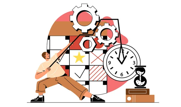 Pessoas Planeiam Horários Homem Ajusta Relógio Gerenciamento Tempo Funcionário Empresário —  Vetores de Stock