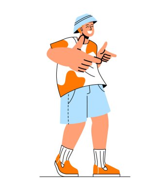 İnsanlar bir şeyi işaret ediyor. Reklam afişleri ve afişler için model. Şapkalı adamın iki parmağı var. Ürün tanıtımı ve müşteriler için özel teklifler, indirimler. Çizgi film düz vektör çizimi