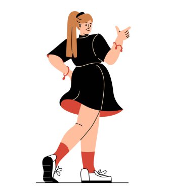 İnsanlar bir şeyi işaret ediyor. Reklam posterleri için model. Koyu renk elbiseli kız. Moda ve tarz, sosyal ağlar için çıkartmalar, internette ürün tanıtımı. Çizgi film düz vektör çizimi