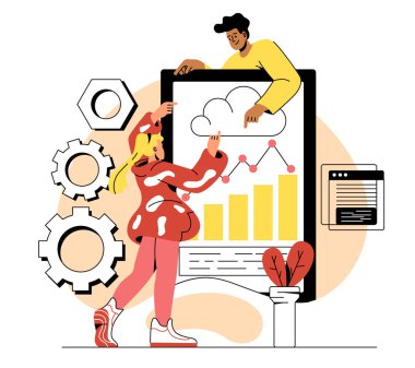 Büyük verilerle çalışmak. Erkek ve kız grafikleri ve grafikleri analiz eder. Analitik bölüm ve pazarlama araştırması. Modern teknolojiler, elektronik arşiv, belgeler. Çizgi film düz vektör çizimi