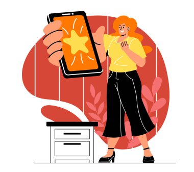 İnsanlar başarıyı ve zaferi kutluyor. Kadın akıllı telefonu yıldızlı gösteriyor, öğrenci başarısını kutluyor. Çevrimiçi yarışmada kazanan, piyango. Yetenekli biri. Çizgi film düz vektör çizimi