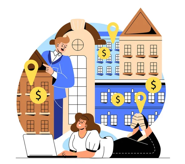 プロパティ検索の概念 アパートを選ぶラップトップを持つ男と女の子 家族は家を選ぶ 分析と金融リテラシー 不動産への投資の節約 漫画フラットベクトルイラスト — ストックベクタ
