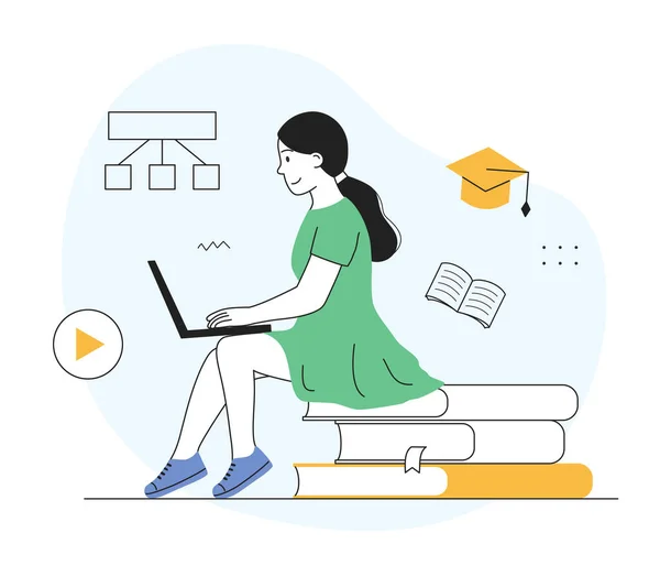 Distance Education Woman Student Laptop Sits Books Listens Online Course — Stock Vector