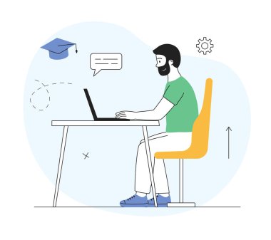 Distance education concept. Student sits at workplace and listens to online lesson on laptop. Young man gets knowledge remotely. Learning and study. Cartoon flat vector illustration in doodle style clipart