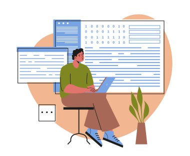 Sunum projesi. Dizüstü bilgisayarı olan genç bir erkek programcı web sitesi, yazılım veya kullanıcı arayüzü geliştirir. Bilgi teknolojilerinin kodlanması veya sunumu. Çizgi film düz vektör çizimi