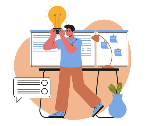 Finding Brilliant Ideas Concept Male Entrepreneur Holds Large Light Bulb — Stockvektor